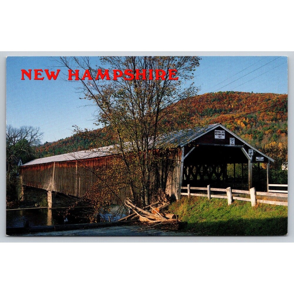 Vintage Postcard Woodsville Covered Bridge Haverhill Bath NH Fall Autumn H-226